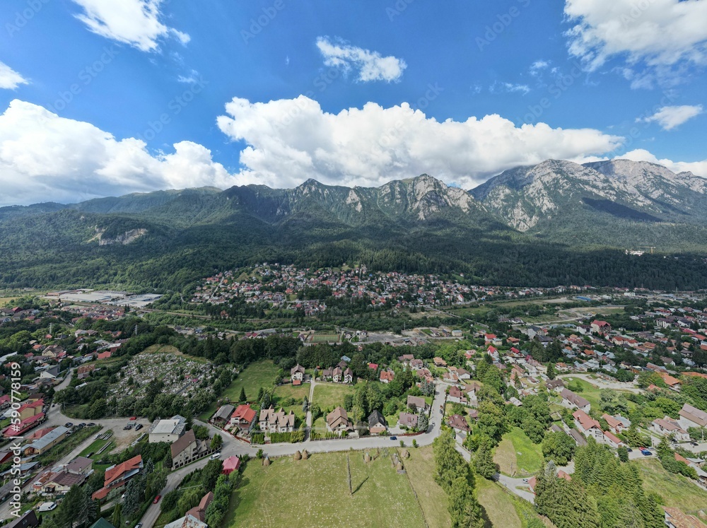 Aerial view of the cityscape of Busteni city, Prahova, Romania