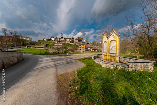 Morozzo, Cuneo, Piedmont, Italy: Landscape of Morozzo with a view of the pillars of the Stations of the Cross (crucis way) of the Brichetto Sanctuary photo