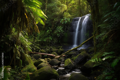Beautiful waterfall in the rainforest generative AI