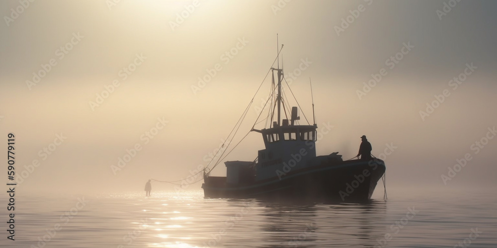 Morning Mist on the Ocean: A Fisherboat at Sunrise