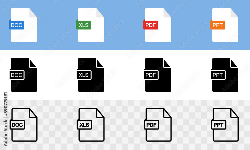 Set of document format doc, pdf, ppt and xls vector icons. File type. Vector 10 Eps. 