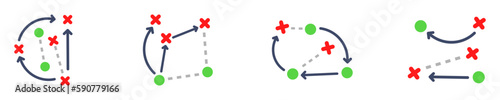 Strategy or tactics on game. Drawing plan of game. Tactic from coach. Vector icons set.