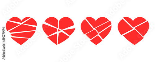 Red broken heart vector icons set. Cracked on heart flat vector icons. Symbol divorce or heartbreak.