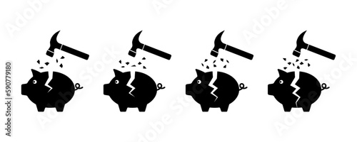 Set of broken piggy bank vector icons. Smashed or cracked piggy bank with hammer. Lose savings. Break money box.