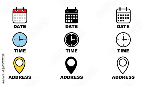 Set of date, time and address vector icons. Calendar, clock and pin icon. Contacted template.