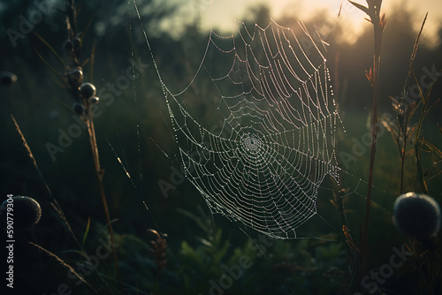 Spiderweb early morning in sunrise, Generative AI