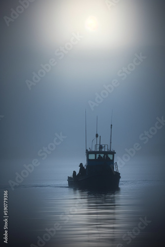 Morning Mist on the Ocean: A Fisherboat at Sunrise