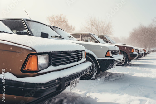 classic vintage cars in the snow, Generative AI