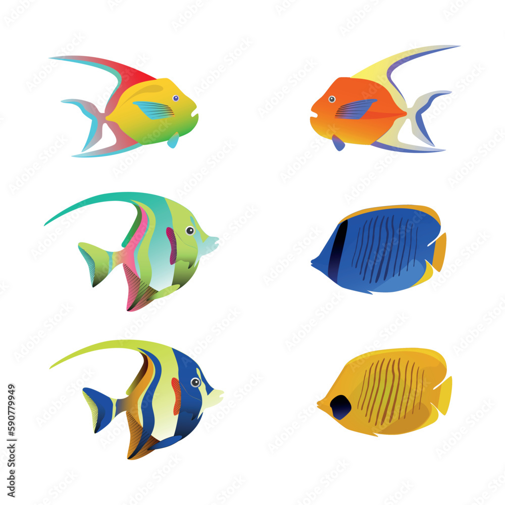 Exotic tropical fish set in different shapes and colors flat isolated illustration Exotic tropical fish set in different shapes and colors flat isolated illustration