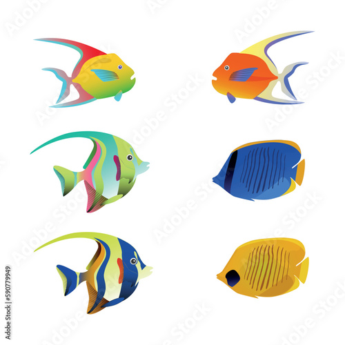 Exotic tropical fish set in different shapes and colors flat isolated illustration