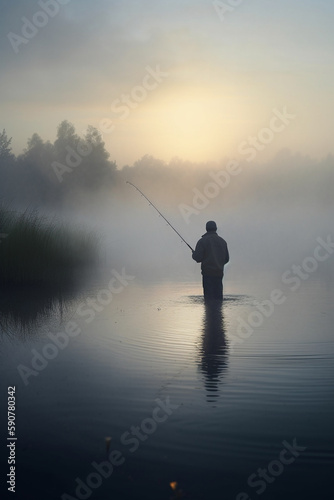 Fishing at Dawn: Angler in the misty lake with fishing rod © artefacti