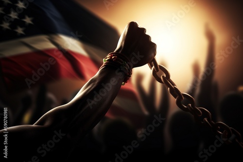 Black Lives Matter. The problem of culture, racism, and the descrImination of slavery. Juneteenth Emancipation Day. June 19. Freedom of Glosa Rights , fist of the chain Afro-American. Generative AI photo