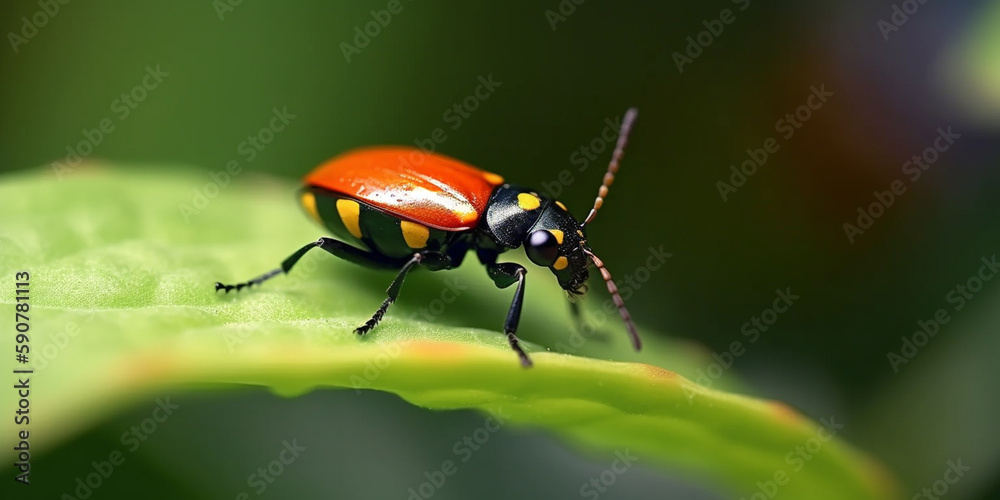 Naklejka premium Scarlet Beetle on a Vibrant Green Leaf in the Rainforest