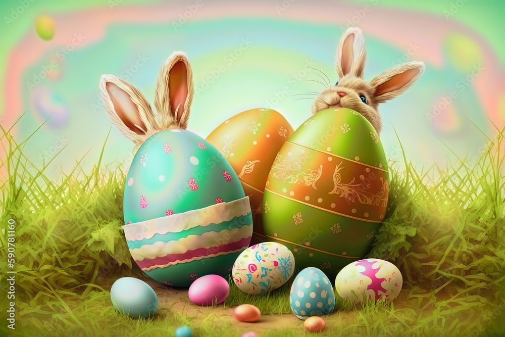 Happy Easter concept design Cool bunny colorful background, Holiday card idea, Generative AI.