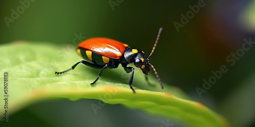 Scarlet Beetle on a Vibrant Green Leaf in the Rainforest