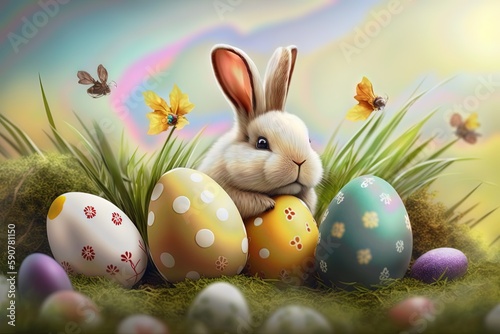 Happy Easter concept design Cool bunny colorful background, Holiday card idea, Generative AI.