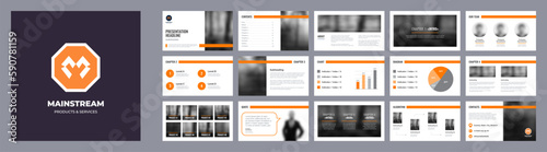 Presentation design template in orange and blue background colors for tech or digital company. Slide with diagram and graph, intro and team page, title and contacts. Modern vector logo included.