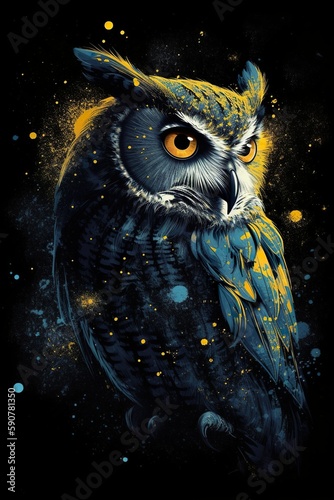 Owl yellow blue T-shirt design photo