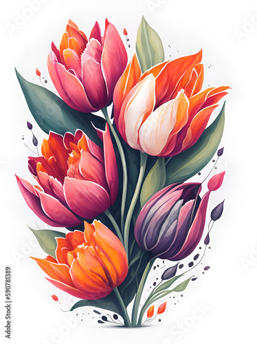 Painted colorful tulips flowers. AI generated illustration