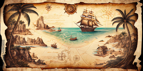 Photo A drawn old pirate map depicting a sailing ship sailing on the sea