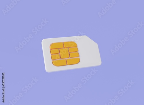 3d minimal rendering illustration of SIM card icon isolated on purple background. Mobile phone SIM card, communication technology, sim card chip, eSIM, New digital technology. Cartoon minimal style photo