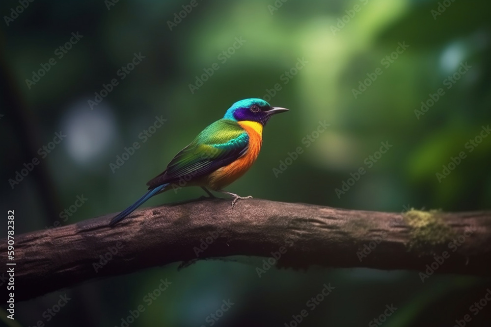 Colorful bird perched on a branch in the rainforest