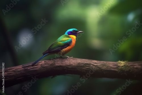 Colorful bird perched on a branch in the rainforest