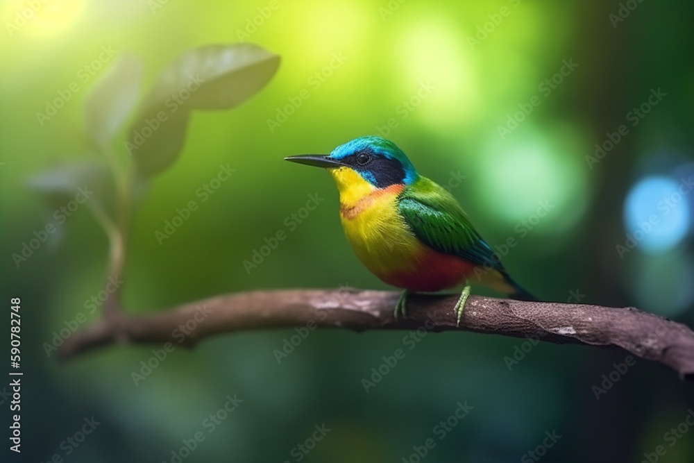 Colorful bird perched on a branch in the rainforest