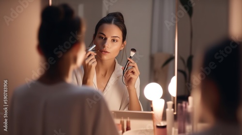 Evening beauty routine. Young beautiful woman using face mask and cosmetics at home at night. Generative AI.
