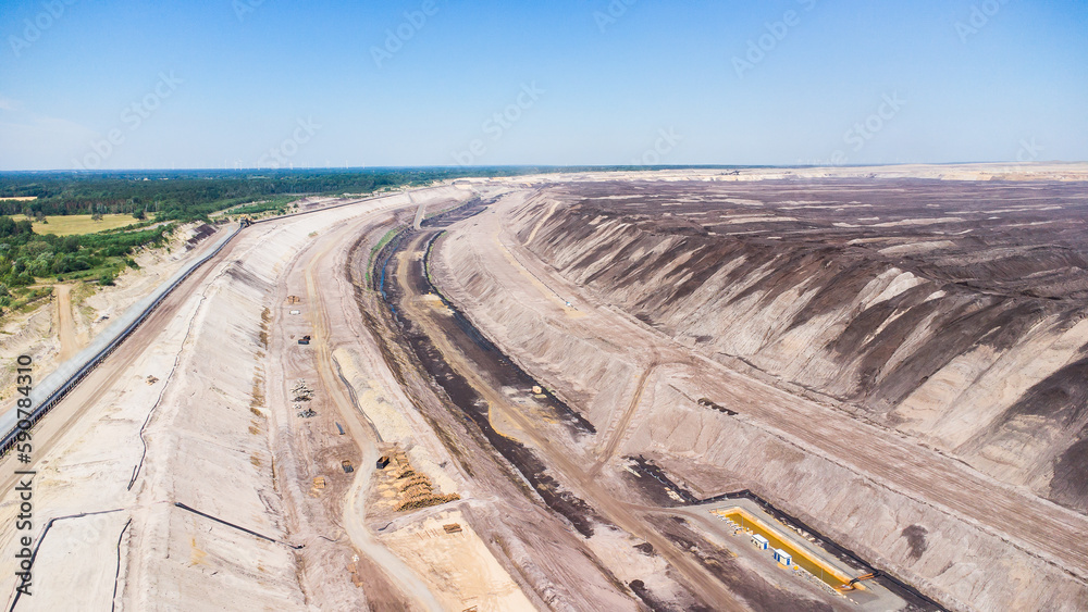 Welzow, Germany - June 24, 2022: Aerial view of a massive opencast coal mine