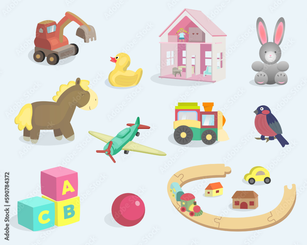 Baby toy set. Сhildish сolored toys, doll house, plane, rail, locomotive, animals, cubes, ball. Vector illustration Baby toy set. Сhildish сolored toys, doll house, plane, rail, locomotive, animals, cubes, ball. Vector illustration