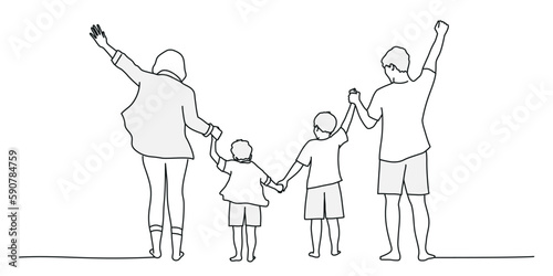 Happy family holding hands and walking.