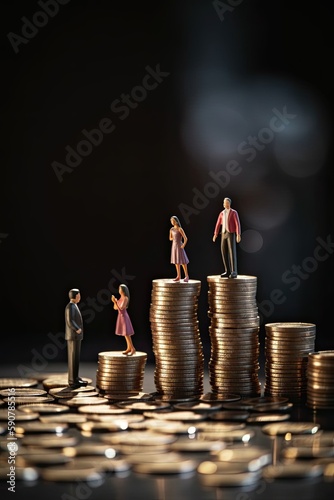 Income inequality illustrated with male and female figurines and stacks of coins, highlighting disparities in earnings. generative AI
