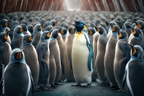 Tableau sur toile Pinguin giving a speech to other penguins/ penguin colony