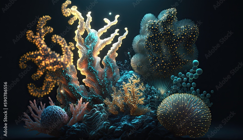 Naklejka premium A stunning and mesmerizing dreamscape of various sea corals, spirals, and intricate details, illuminated by the glow of space, stars, smoke, and iridescence with Generative AI
