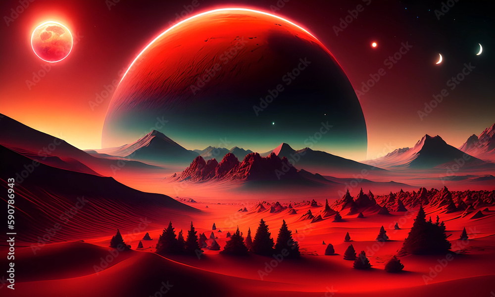Red planet at twilight with sister planet in the sky