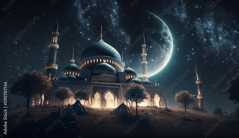 Beautiful Mosque Illustration, Starry & Moon Sky at the night, Background for Eid Mubarak created with AI Generative Tool.