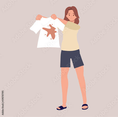 worried woman with dirty dripped spoiled shirt. Flat vector cartoon illustration