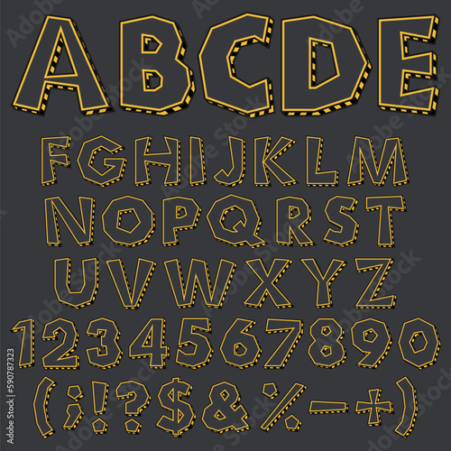 Colored chopped alphabet, numbers and signs with warning markings. Isolated vector objects.