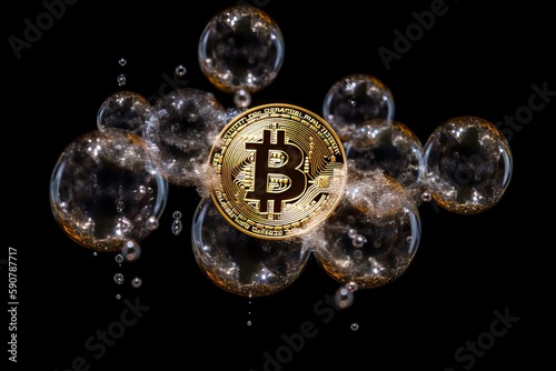 Gold Coins Bitcoin in a soap bubble, the concept of instability of the crypto currency