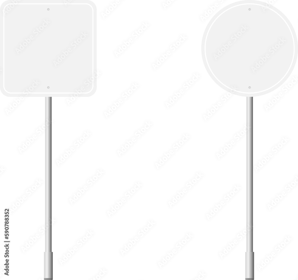 Various road, traffic signs. Highway signboard on a chrome metal pole. Blank white board with place for text. Information sign mockup. Vector illustration. Various road, traffic signs. Highway signboard on a chrome metal pole. Blank white board with place for text. Information sign mockup. Vector illustration.