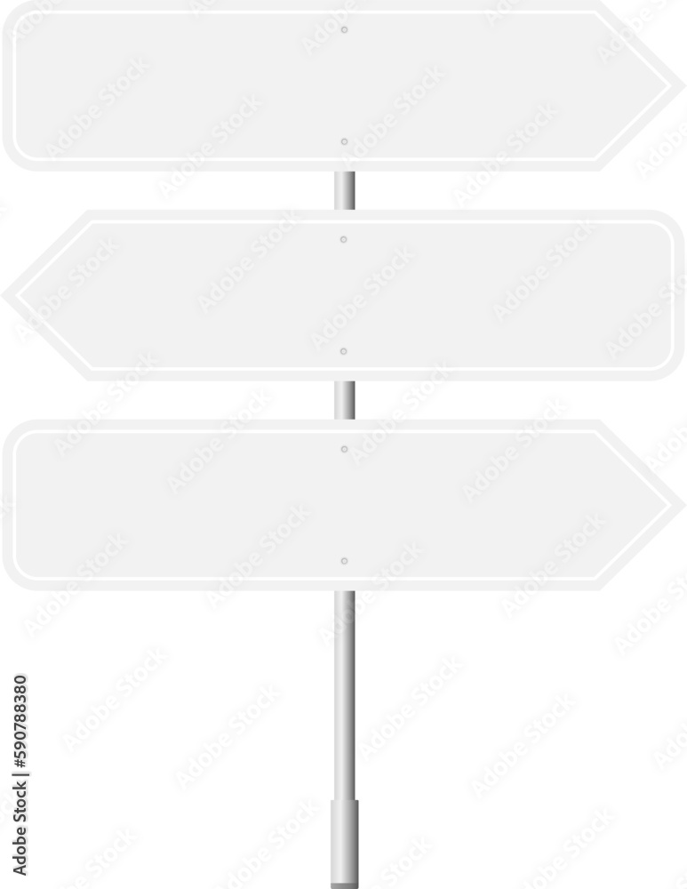 Various road, traffic signs. Highway signboard on a chrome metal pole. Blank white board with place for text. Information sign mockup. Vector illustration. Various road, traffic signs. Highway signboard on a chrome metal pole. Blank white board with place for text. Information sign mockup. Vector illustration.