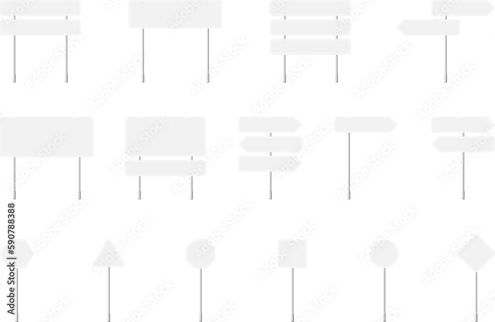 Various road, traffic signs. Highway signboard on a chrome metal pole. Blank white board with place for text. Information sign mockup. Vector illustration. Various road, traffic signs. Highway signboard on a chrome metal pole. Blank white board with place for text. Information sign mockup. Vector illustration.