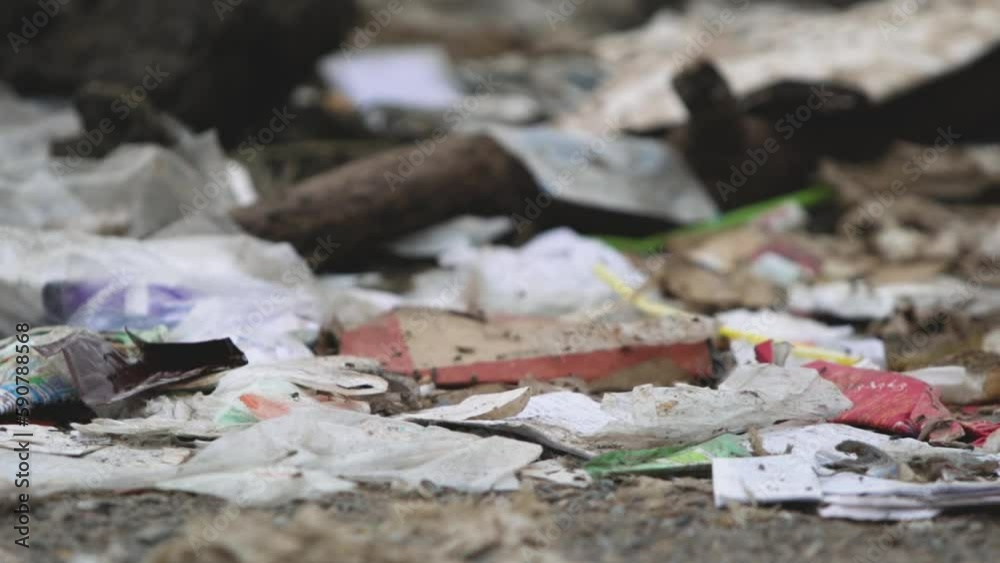 Lots of flies were swarming and flying around the pile of garbage.