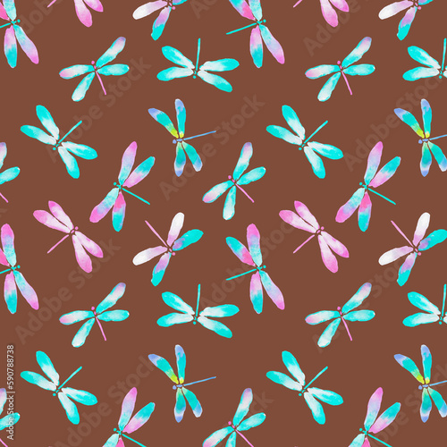 Dragonfly pattern , brown, pink ,turquoise and pink dragonflies, fabric pattern, textile design, insects, green, watercolor illustration, decoration