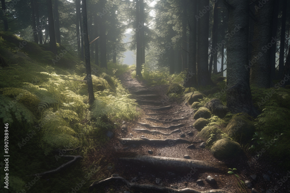 Choose a forest trail that has varied terrain, such as hills or rocky paths. This will add visual interest and challenge to the scene, Generative AI	
