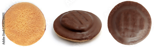 Delicious round chocolate Jaffa cakes, biscuit, cookies isolated on white background high quality details photo