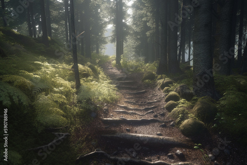 Choose a forest trail that has varied terrain, such as hills or rocky paths. This will add visual interest and challenge to the scene, Generative AI 