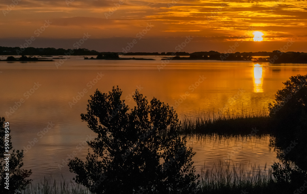 Obraz premium Beautiful sunset over the swamp in Louisiana, the reflection of clouds in the water, USA
