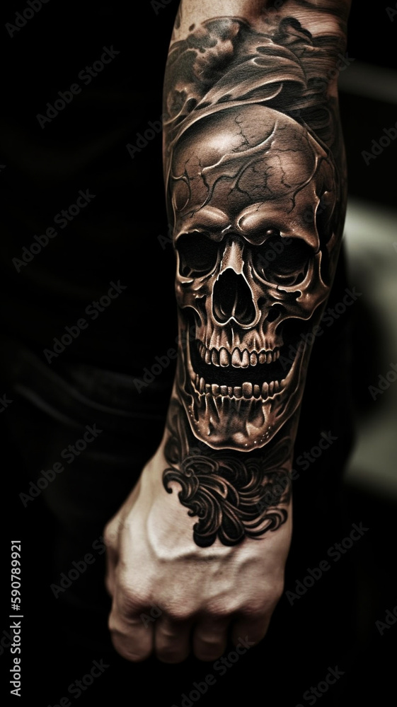 Tattoo Skull Schädel Totenkopf auf menschlichem Arm. Hochkant. Generative Ai.